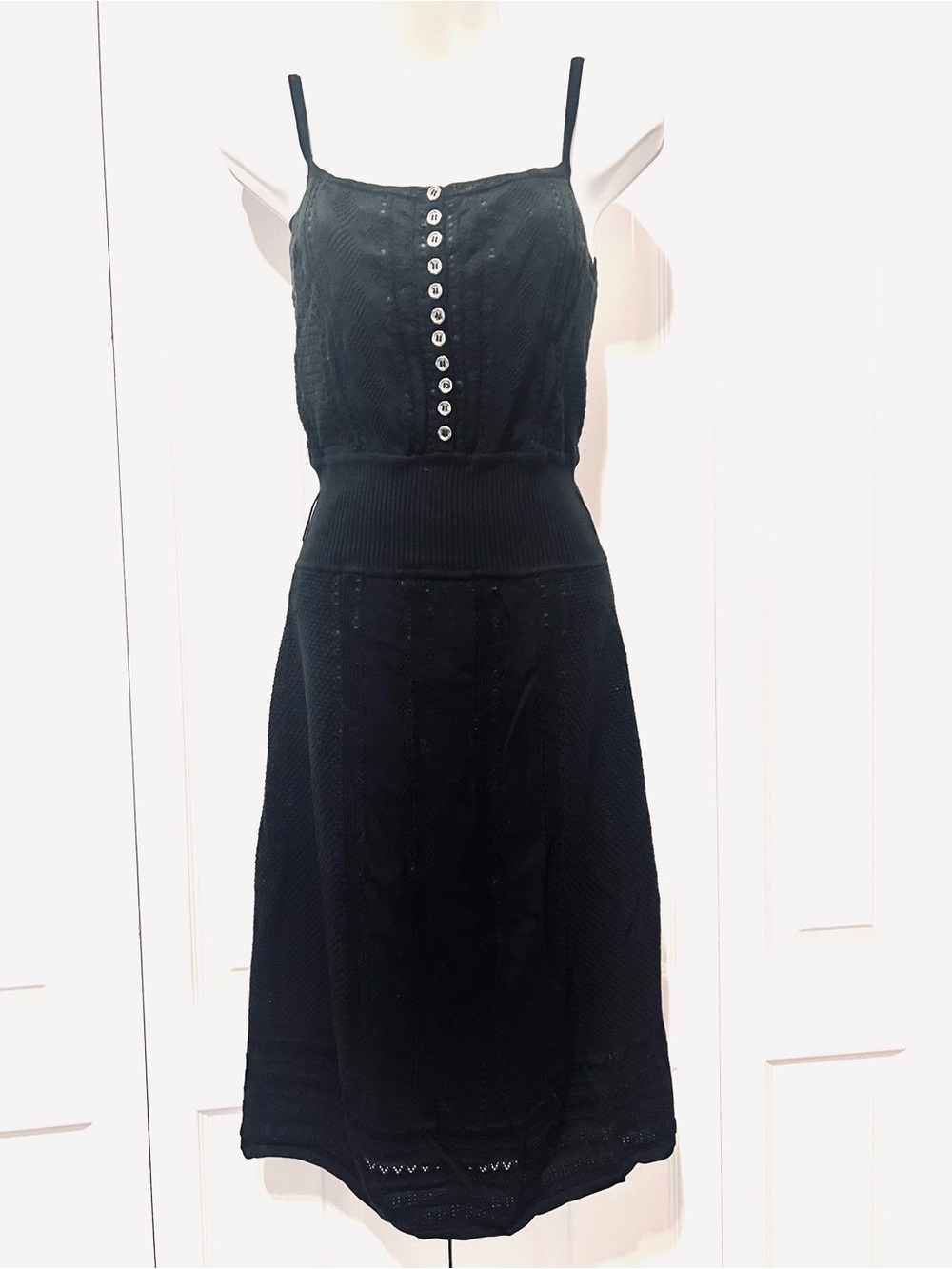 Catherine Malandrino Black Vintage Spaghetti-Strap Midi Dress-Front Buttons-Sz 4